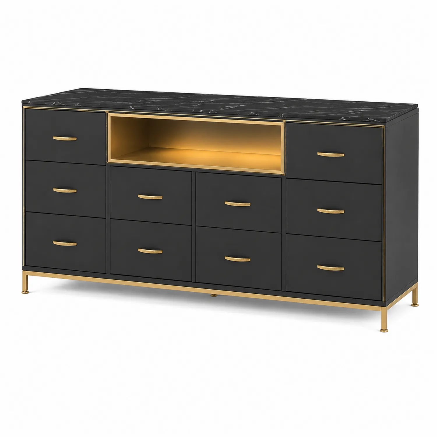 Schwarze Kommode mit Marmoroptik und Goldakzenten, 150cm