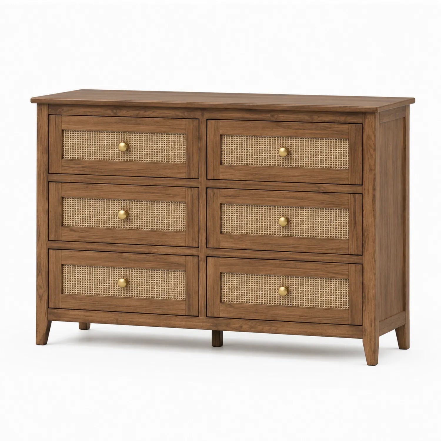 Kommode aus Massivholz und Rattan mit 6 Schubladen, Braun